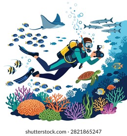 An underwater scene with a scuba diver using a camera among coral reefs, sea turtles, rays, and schools of tropical fish. Ideal for marine conservation posters or diving gear ads.