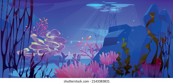 Underwater scene of sea floor with corals and seaweed. Vector cartoon illustration of ocean bottom landscape with stones and tropical undersea animals and plants