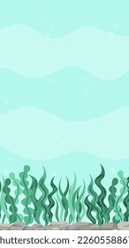 Underwater scene with seaweed backdrop. Marine life vector design template. Backgrounds with copy space for text for banners, social media stories
