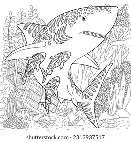 Underwater scene with a shark. Adult coloring book page with intricate mandala and zentangle elements.