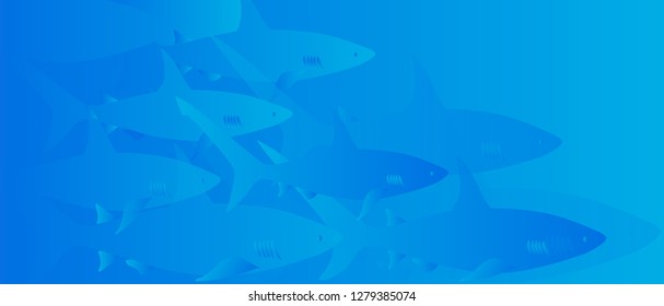 Underwater scene with shark. Vector blue color background image.