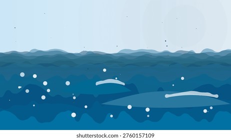 Underwater scene with sharks and bubbles in deep blue ocean with light rays and distant mountains in background