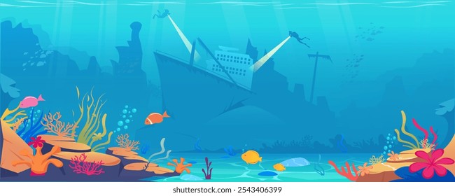 Underwater Scene with Shipwreck and Colorful Marine Life. Vector illustration