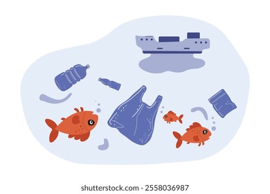 Underwater scene showing marine life interacting with plastic waste and ship debris