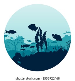 the underwater scene. Silhouette of fish and algae on the background of reefs. Flora and fauna of the ocean. Vector template.