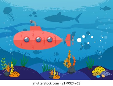 Underwater Scene With Submarine Exploring Undersea Vector Illustration