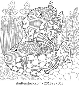 Underwater scene with a triggerfish. Adult coloring book page with intricate mandala and zentangle elements.