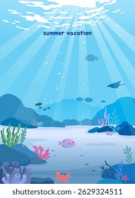 underwater scene with tropical fish and coral reefs