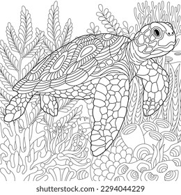 Underwater scene with a turtle. Adult coloring book page with intricate mandala and zentangle elements svg