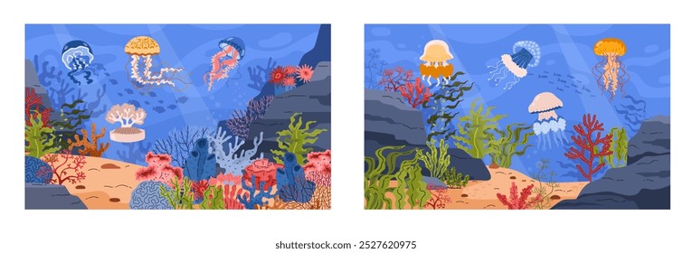 Escena submarina con varias medusas coloridas, algas marinas y coral. Ilustración vectorial que representa la vibrante vida marina en un entorno oceánico con peces y rocas. Perfecto para la educación