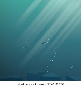 Underwater scene vector background. Peaceful seascape with fish and bubbles. Deep blue sea and sun beams. Eps10 vector illustration.