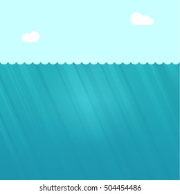 Underwater scene vector illustration, under water ocean background landscape with sun light rays, deep water