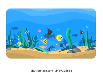 Escena submarina. Ilustración vectorial de varios peces nadando entre plantas marinas