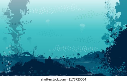 underwater scene; a vector seascape with reef; a marine sea bottom silhouette with seaweed, algae and coral; hand drawn realistic ocean background -Summer - sea - Sponge - fish silhouette - Old Ship