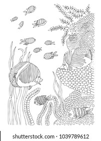 Underwater scene viewed from the seabed with a school of fish in foreground. Hand drawn picture. Sketch for anti-stress adult coloring book in zen-tangle style. Vector illustration  for coloring page.