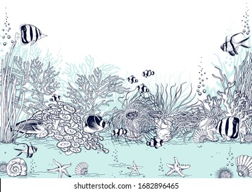 Underwater scenery with corals, sea anemones and tropical fishes. Hand drawn vector illustration isolated on white background.