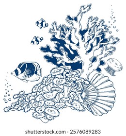 Underwater scenery with corals, shell and tropical fish. Hand drawn vector illustration on white background.
