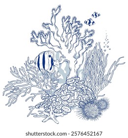 Underwater scenery with corals and tropical fish. Hand drawn vector clipart on white background.