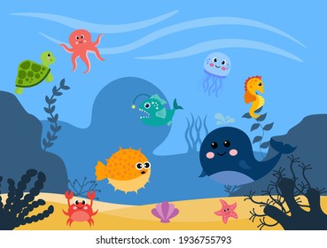 Underwater Scenery and Cute Animal Life in the Sea with Seahorses, Starfish, Octopus, Turtles, Sharks, Fish, Jellyfish, Crabs. Vector Illustration 