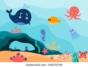 Underwater Scenery and Cute Animal Life in the Sea with Seahorses, Starfish, Octopus, Turtles, Sharks, Fish, Jellyfish, Crabs. Vector Illustration 