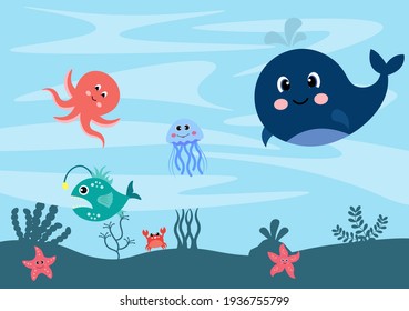 Underwater Scenery and Cute Animal Life in the Sea with Seahorses, Starfish, Octopus, Turtles, Sharks, Fish, Jellyfish, Crabs. Vector Illustration 