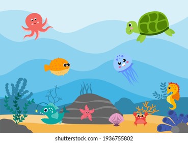 Underwater Scenery and Cute Animal Life in the Sea with Seahorses, Starfish, Octopus, Turtles, Sharks, Fish, Jellyfish, Crabs. Vector Illustration 