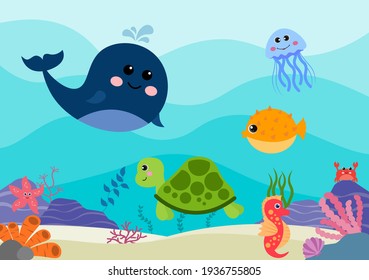 Paisaje submarino y vida animal íntima en el mar con caballitos de mar, pez estrella, pulpo, tortugas, tiburones, peces, medusas, cangrejos. Ilustración vectorial 