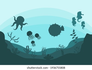 Underwater Scenery and Cute Animal Life in the Sea with Seahorses, Starfish, Octopus, Turtles, Sharks, Fish, Jellyfish, Crabs. Vector Illustration 