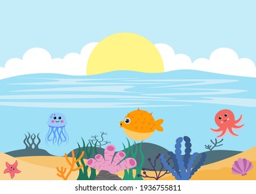 Underwater Scenery and Cute Animal Life in the Sea with Seahorses, Starfish, Octopus, Turtles, Sharks, Fish, Jellyfish, Crabs. Vector Illustration 