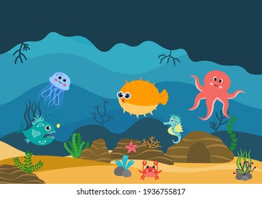 Underwater Scenery and Cute Animal Life in the Sea with Seahorses, Starfish, Octopus, Turtles, Sharks, Fish, Jellyfish, Crabs. Vector Illustration 