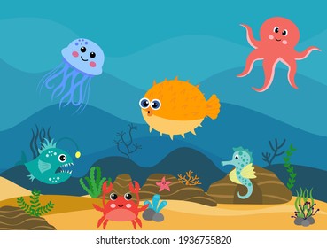 Underwater Scenery and Cute Animal Life in the Sea with Seahorses, Starfish, Octopus, Turtles, Sharks, Fish, Jellyfish, Crabs. Vector Illustration 