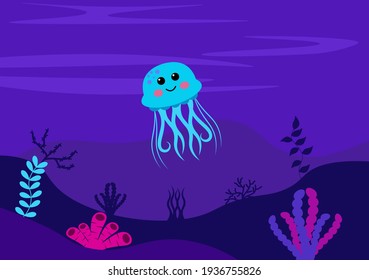 Underwater Scenery and Cute Animal Life in the Sea with Seahorses, Starfish, Octopus, Turtles, Sharks, Fish, Jellyfish, Crabs. Vector Illustration 