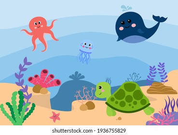 Underwater Scenery and Cute Animal Life in the Sea with Seahorses, Starfish, Octopus, Turtles, Sharks, Fish, Jellyfish, Crabs. Vector Illustration 
