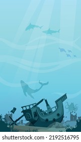 Underwater Scenery And Fishes With Sunken Pirate Ship Wreck With Sea Ruins