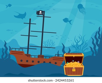 Underwater scenery with open pirate treasure chest and pirate ship on bottom. Vector illustration