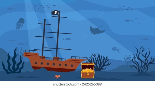 Underwater scenery with open pirate treasure chest and pirate ship on bottom. Vector illustration