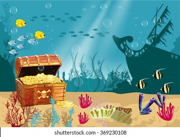 Underwater scenery with an open pirate treasure chest