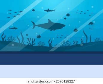 Underwater scenery with sea animals in aquarium. Empty oceanarium scene in flat style. Vector stock