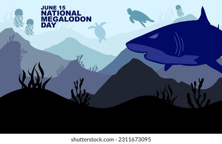 underwater scenery with sea corals and marine plants with megalodon roaming to commemorate National Megalodon Day on June 15
