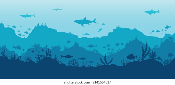 Underwater scenery. Undersea world silhouettes, coral sea panorama vector illustration, reef dive and aquarium plants underwater image, beautiful ocean marine environment