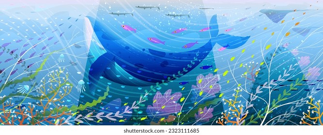 Unter Wasser Landschaft Walkorallen und Fische Zeichnung. Meereslebewesen, Tiefseetauchen-Konzept. Aquatische Umgebung handgezeichnete Illustration in Pastellfarben. Vektorpanoramahintergrund.