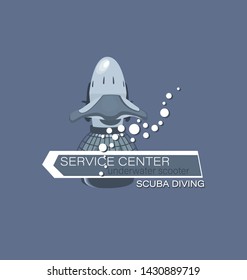 Underwater scooter with an arrow. Scuba diving. Service center. Emblem on a gray background. The concept of sports diving service.