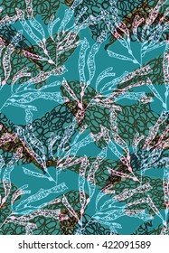 Underwater scribble green fish overlapping kelp.Seamless pattern.Ocean life fabric design.  