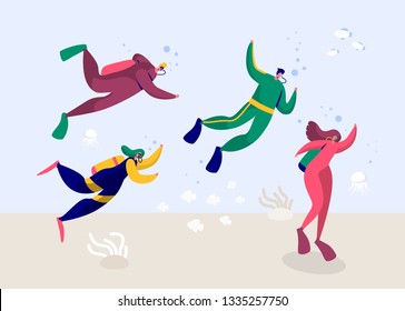 Underwater Scuba Diver Man and Woman Diving in Sea. People Deep Dive with Equipment Flippers Goggles and Oxygen Wetsuit. Summer Snorkeling with Fishes. Flat Cartoon Vector Illustration