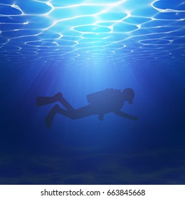 Underwater scuba diver silhouette underwater. Blue tropical background illustration of ocean or sea.