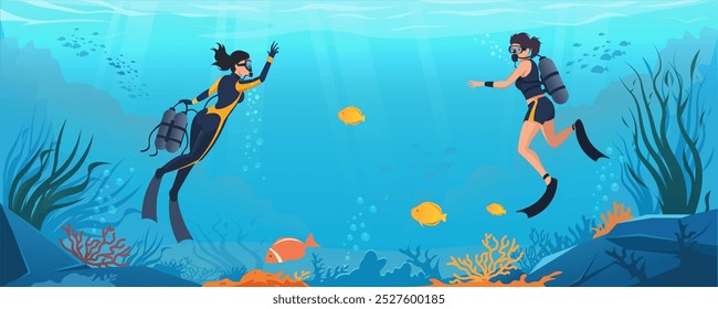 Underwater scuba divers exploring marine life in vibrant ocean. Vector illustration