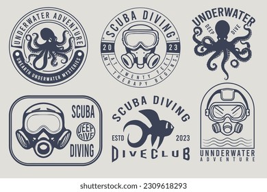Underwater scuba diving club vector vintage emblems and labels. Diving club set of vintage vector emblems, badges, labels, and logos with vintage diver helmet isolated