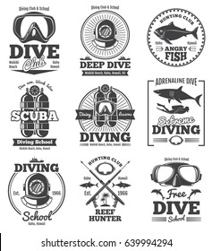 Underwater scuba diving club vector vintage emblems and labels