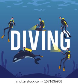 Underwater scuba diving poster with cartoon diver men with masks and oxygen tanks surrounding the word. Group of divers with flashlights and dolphin - flat vector illustration