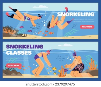 Underwater scuba snorkeling activity classes. People in diving mask swimming in sea observing coral reef. Cartoon snorkelers watching marine fauna. Vector advertising flyers template or landing page